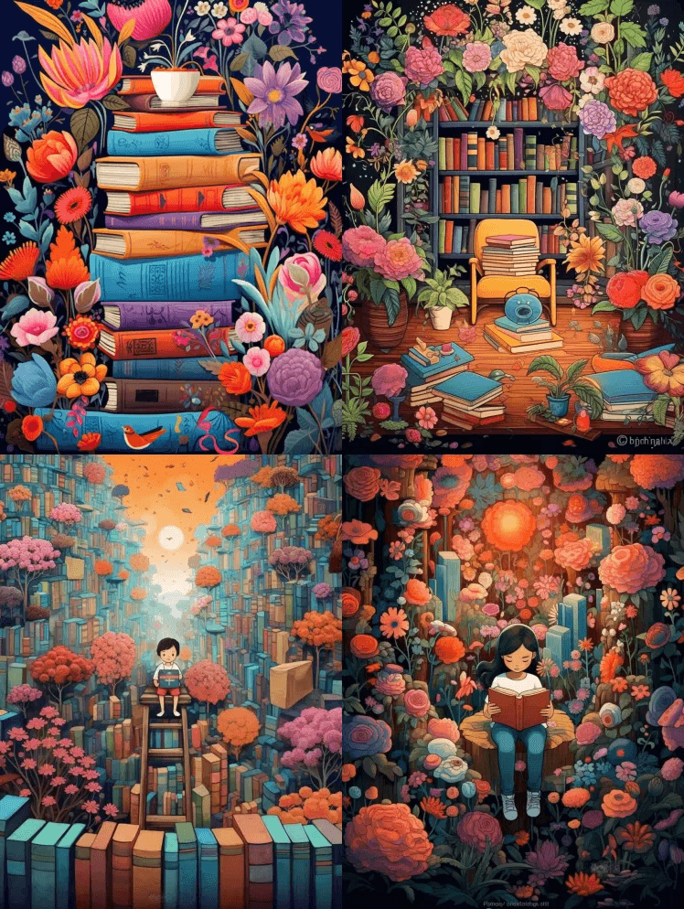 鲜花，书籍，图案，广角，插图，五颜六色， - Midjourney Prompt