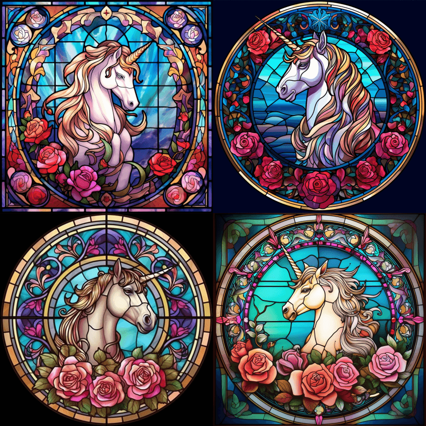 可爱的独角兽彩色玻璃窗数字艺术风格可爱可 - Midjourney Prompt