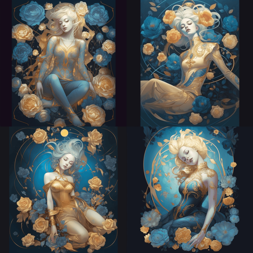 躺在地上的女性形象，看到了金色和蓝色的鲜 - Midjourney Prompt