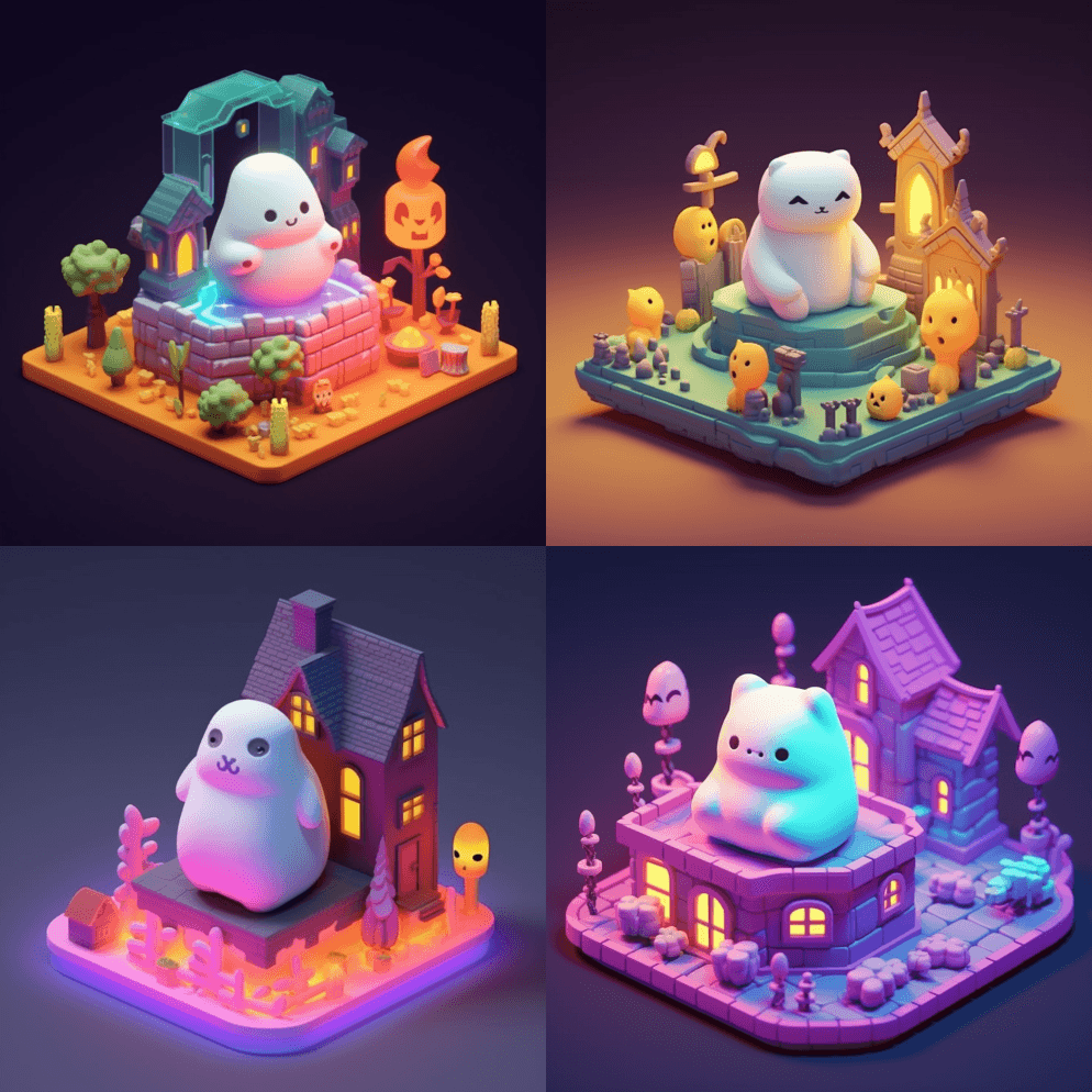 带有猫表情符号的小可爱等距胖幽灵,柔和平 - Midjourney Prompt