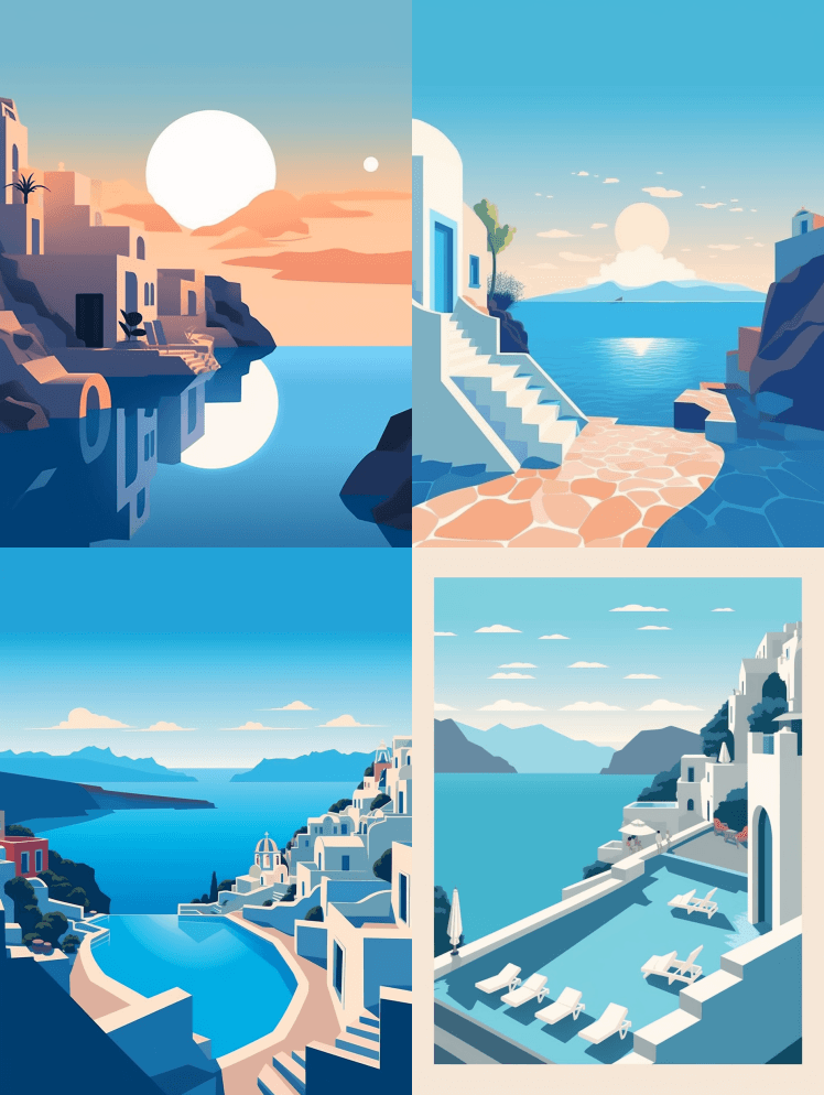 极简主义，平面设计，海报，圣托里尼风景， - Midjourney Prompt