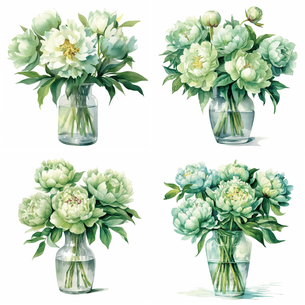鲜艳的水彩花束，玻璃花瓶上有水的鼠尾草绿 - Midjourney Prompt