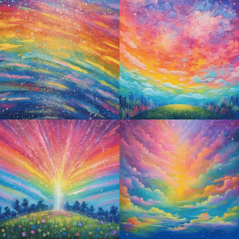 神奇的彩虹天空，闪闪发光，柔和的彩虹颜色 - Midjourney Prompt