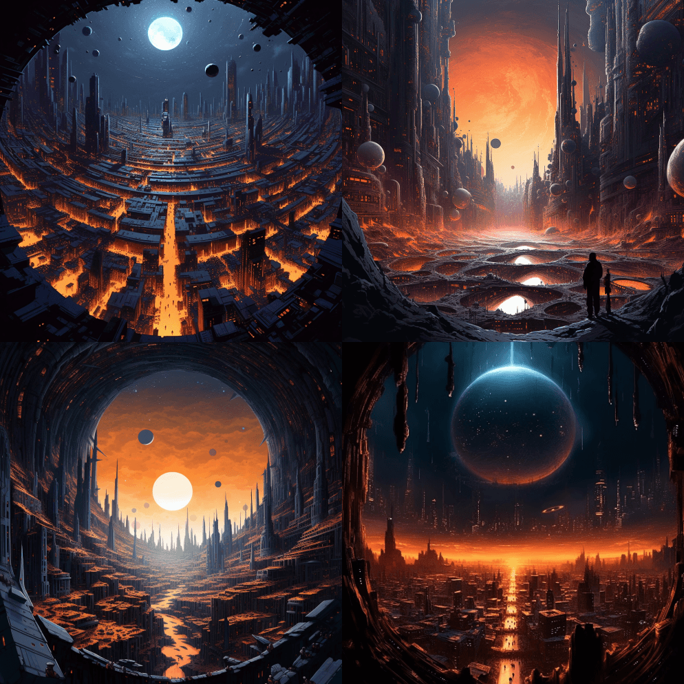 《万塔黑太阳下的外星人城市》，昆汀·马比 - Midjourney Prompt