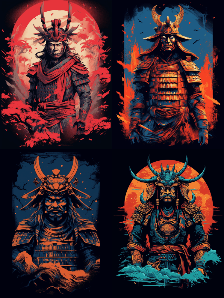 专业T恤设计，武士幕府武士，复古，现代难 - Midjourney Prompt