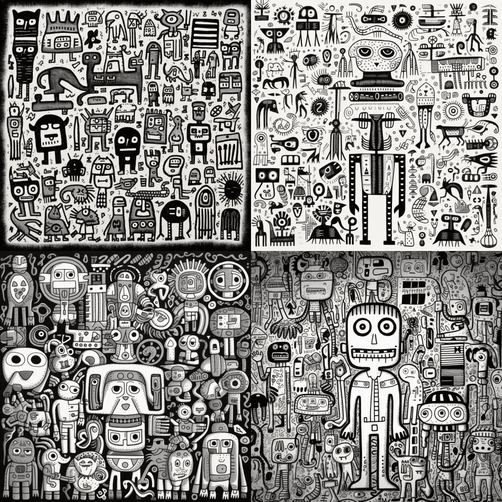 奇特的涂鸦艺术：基思·哈林黑白，动物，古 - Midjourney Prompt