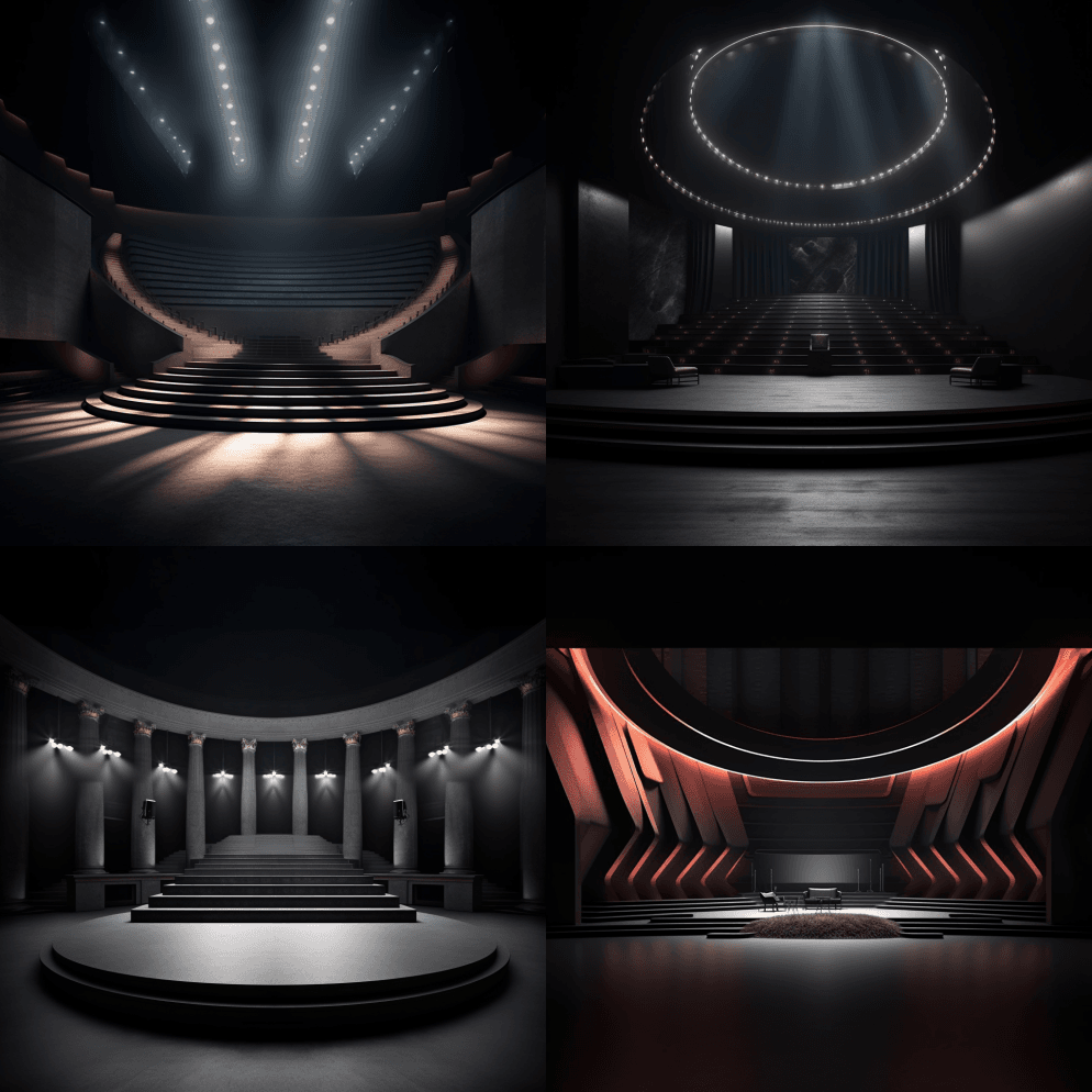 英雄形象，展示圆形剧场，黑屏，灯光，摄像 - Midjourney Prompt