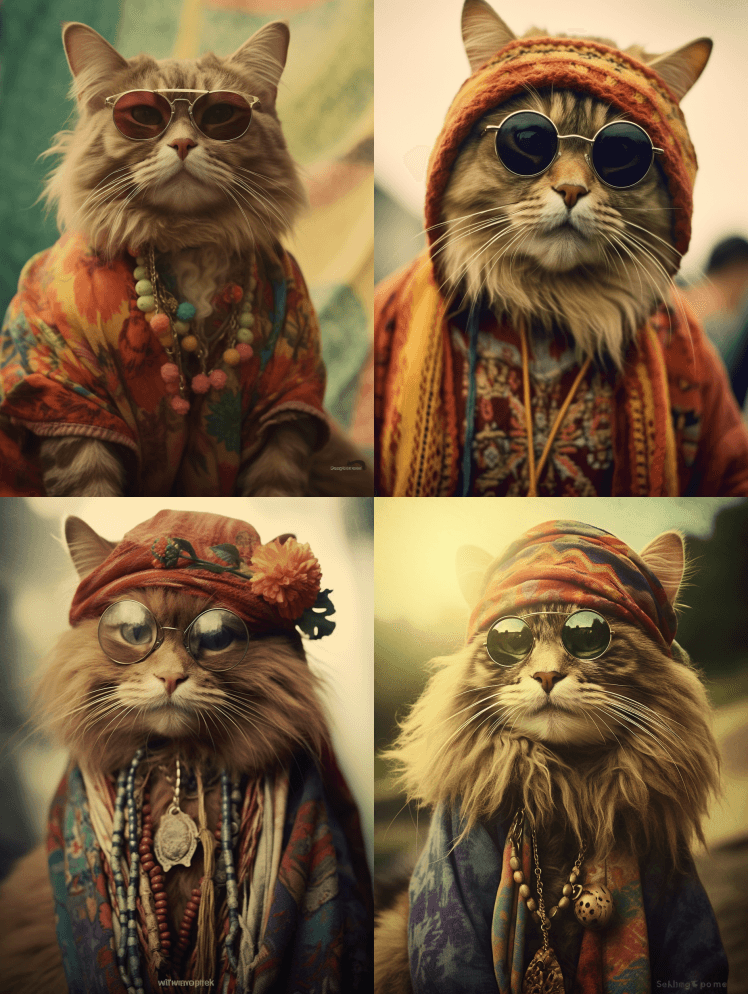 1969年的一只嬉皮猫，复古照片，电影， - Midjourney Prompt