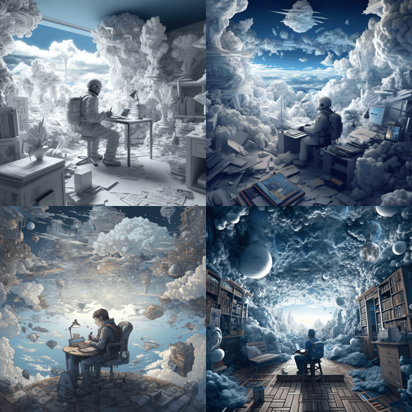 作为一名宇航员，办公室里布满了云，在云上 - Midjourney Prompt
