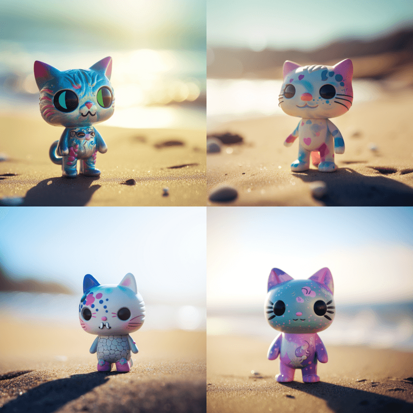 卡哇伊卡通宇宙小猫站在阳光下的海滩上。照 - Midjourney Prompt