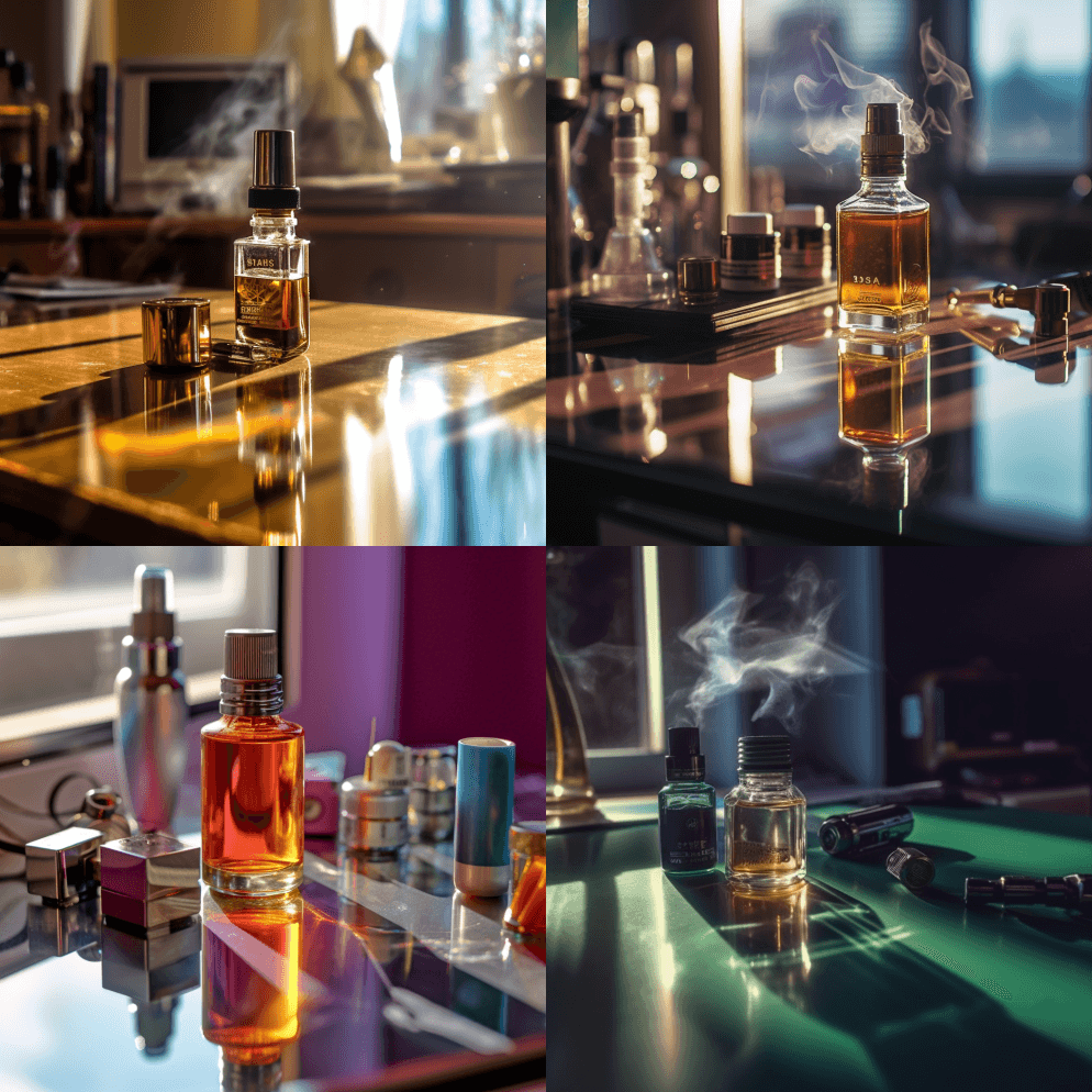 VAPE液体躺在大镜子旁的镜桌上，激光照 - Midjourney Prompt