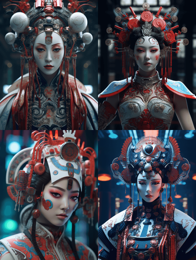 赛博朋克风格的京剧瓷女角色,优雅的AI女 - Midjourney Prompt