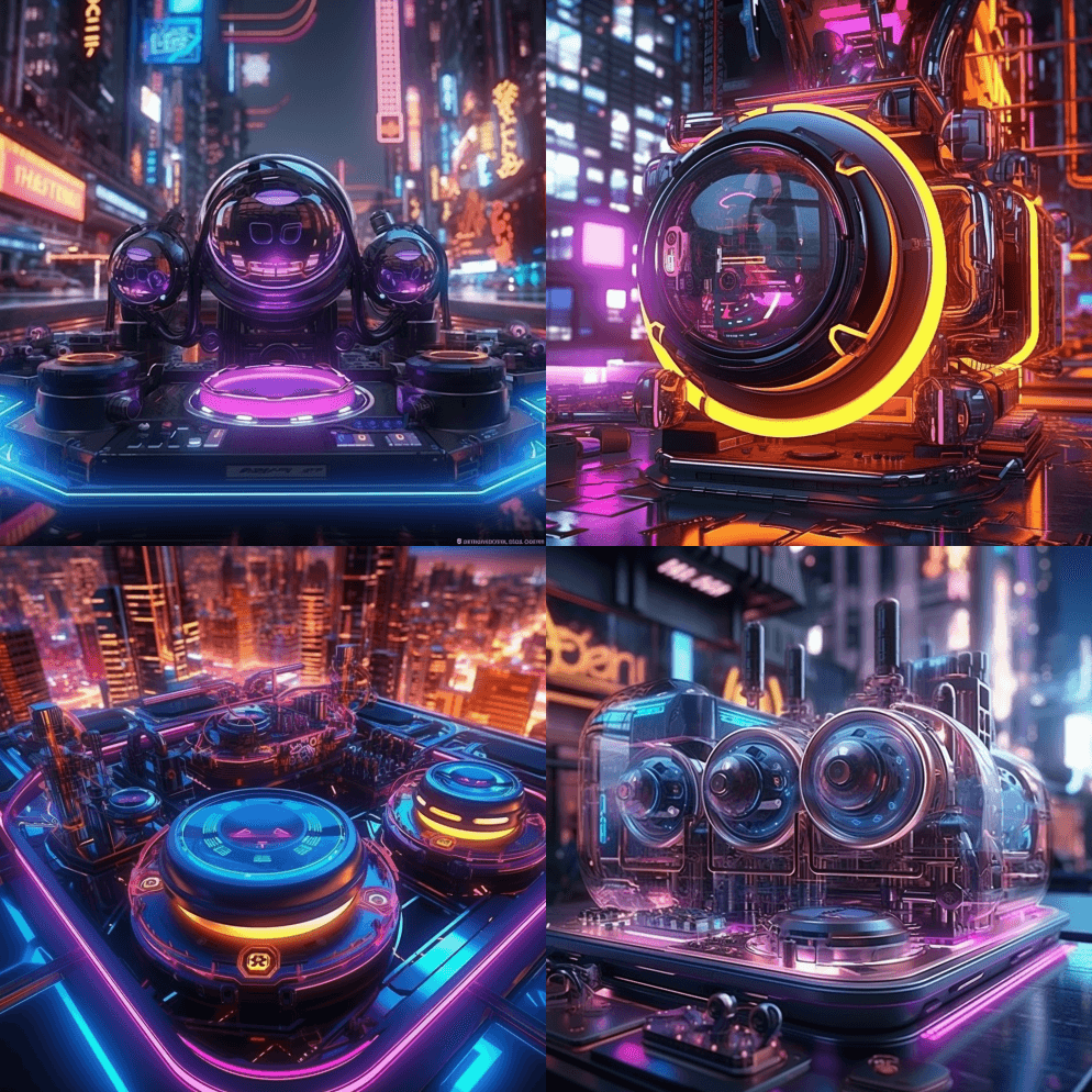 未来DJ设备，3d，赛博朋克，球状，漂浮 - Midjourney Prompt