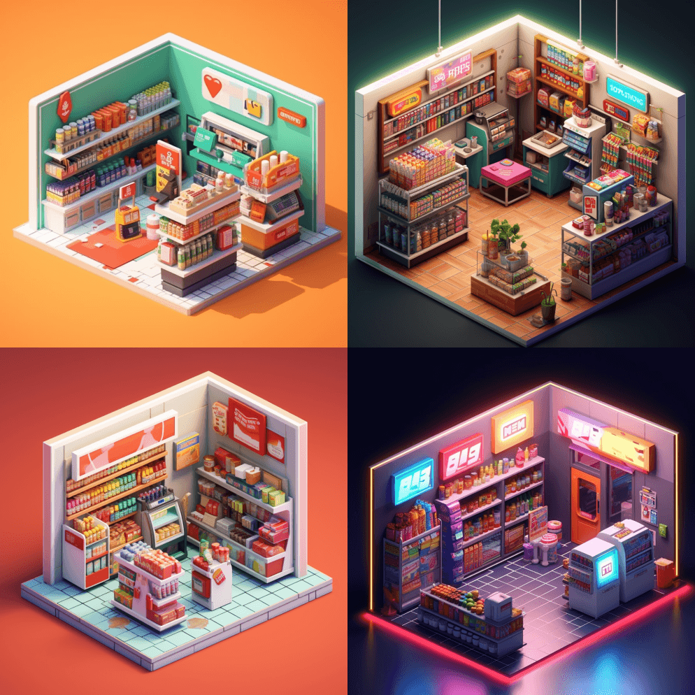 室内场景7-11便利店等长，45度角度倾 - Midjourney Prompt