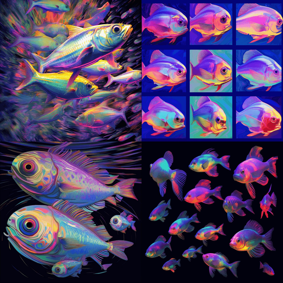 几个张开眼睛的鱼的图像，以毛刺艺术的风格 - Midjourney Prompt