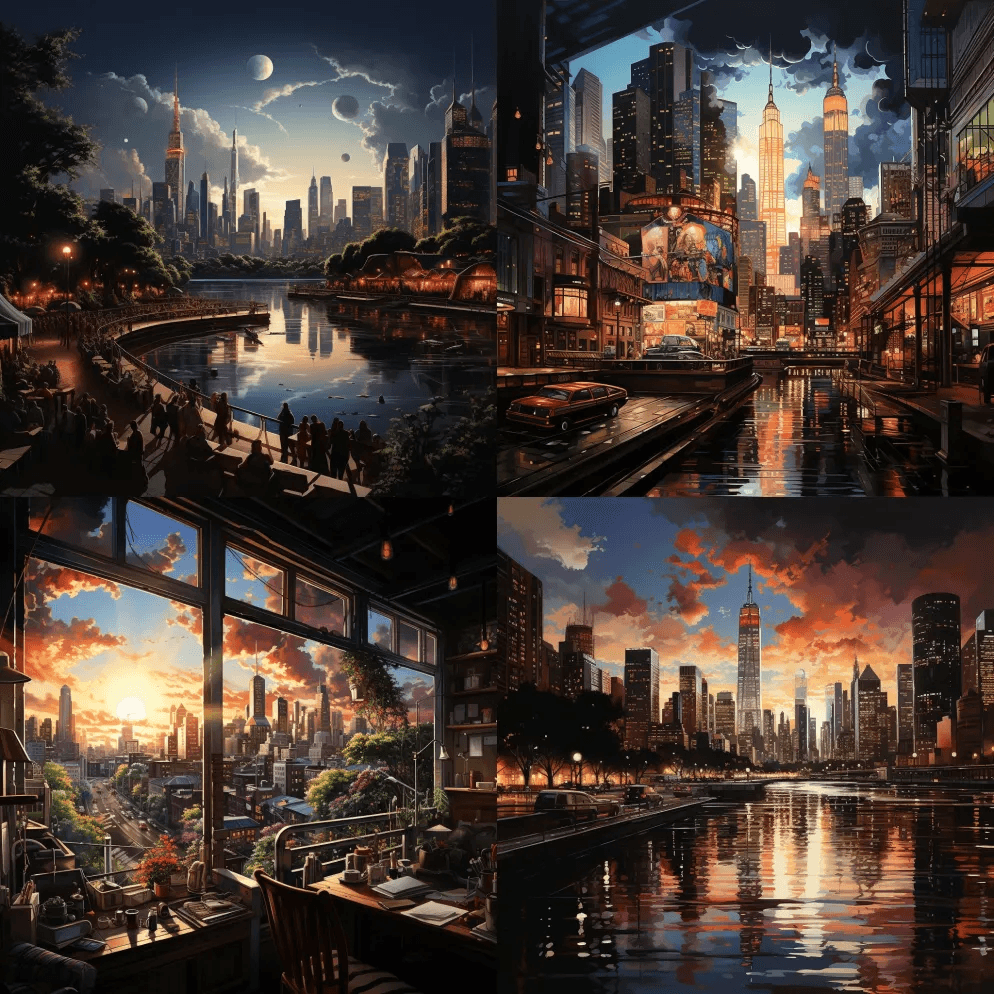 伊莱恩·摩尔的城市风景画曼哈顿天际线，以 - Midjourney Prompt