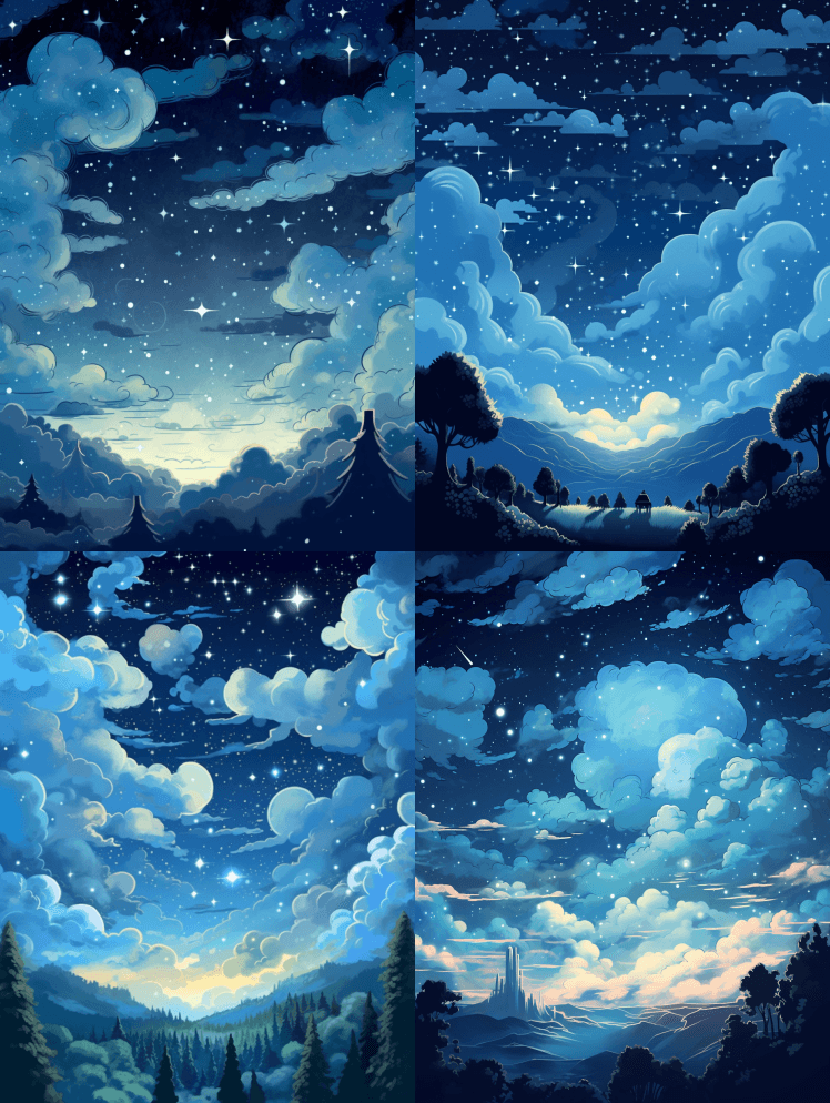 这是一个吉卜力风格的月夜插图，星星在天空 - Midjourney Prompt