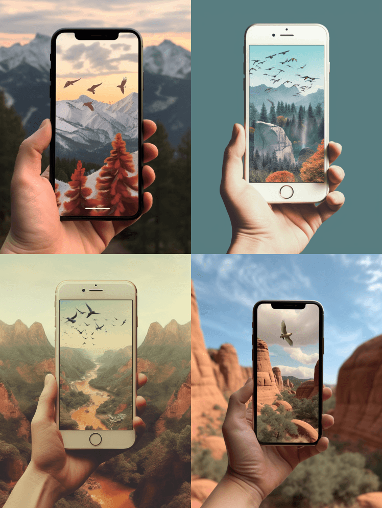 一个人拿着一部iPhone，上面有鸟儿飞 - Midjourney Prompt