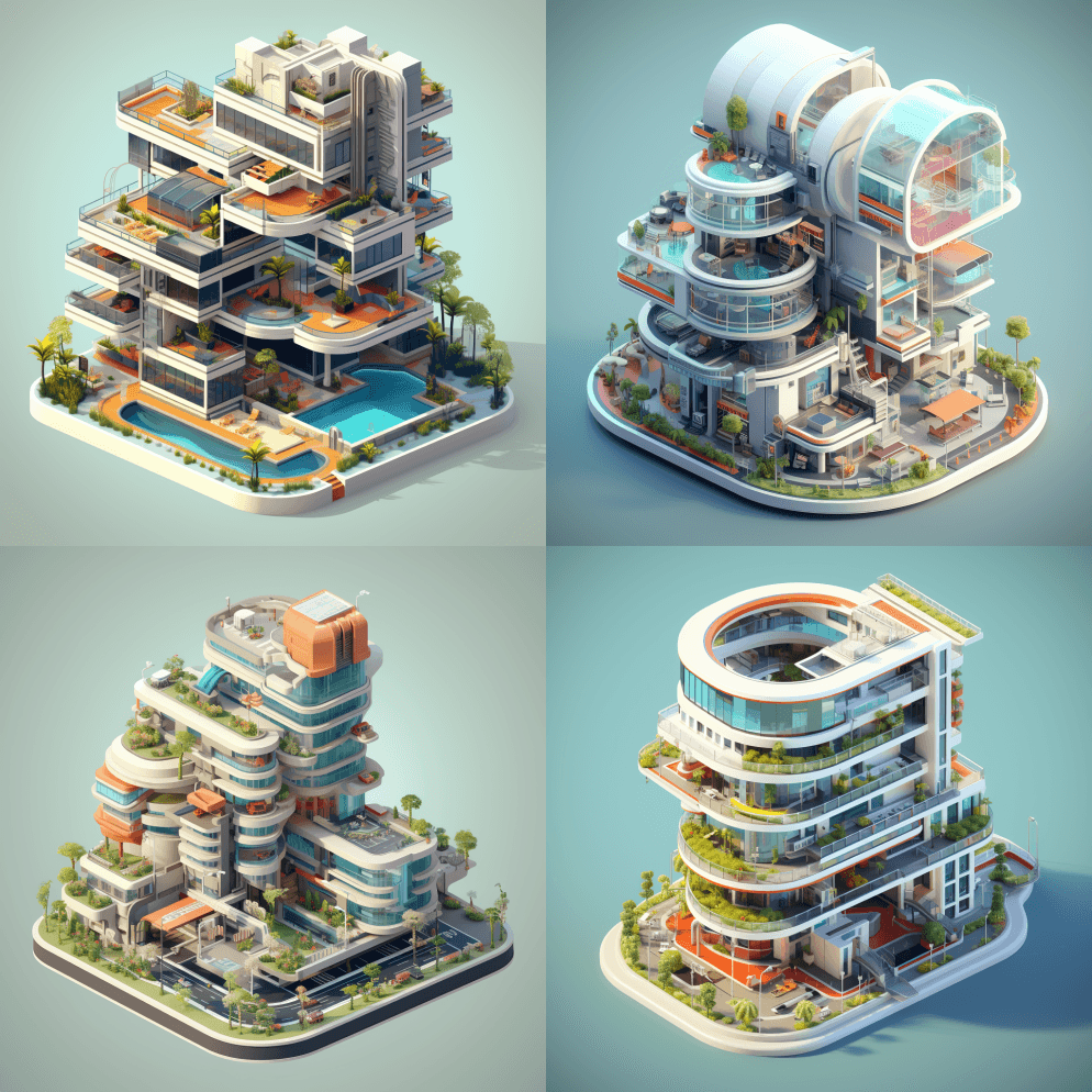 等轴式未来主义公寓综合体街区 - Midjourney Prompt