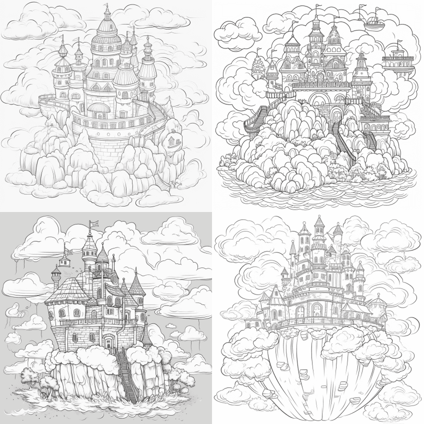 为孩子们上色的页面，一座坐落在云中的漂浮 - Midjourney Prompt