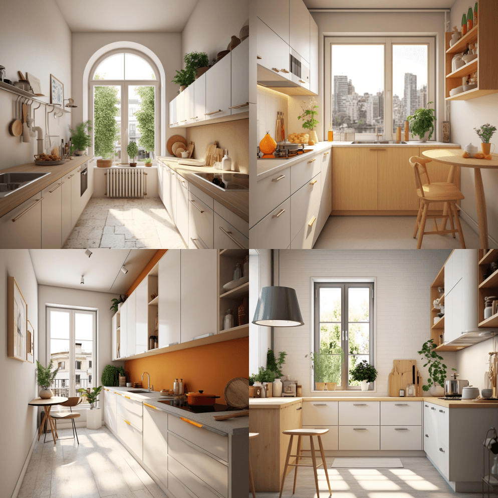 在一个有大窗户的狭小房间里，拍摄美丽的厨 - Midjourney Prompt
