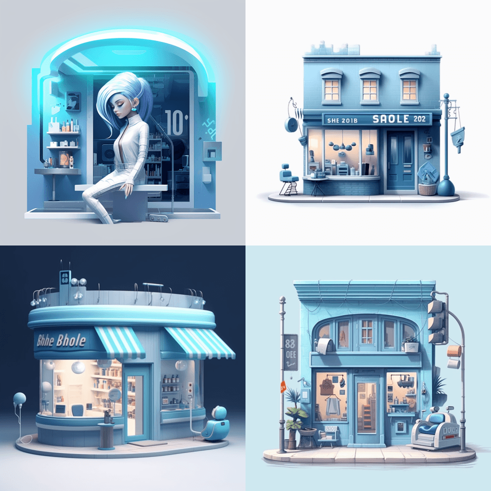小蓝店，美发沙龙，激进式数码插图，浅白色 - Midjourney Prompt