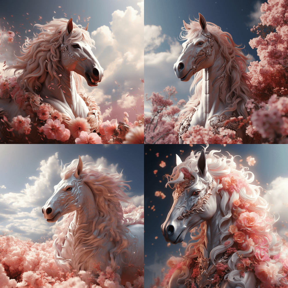 一只独角兽在云上高高飞行的图像，以粉芯、 - Midjourney Prompt