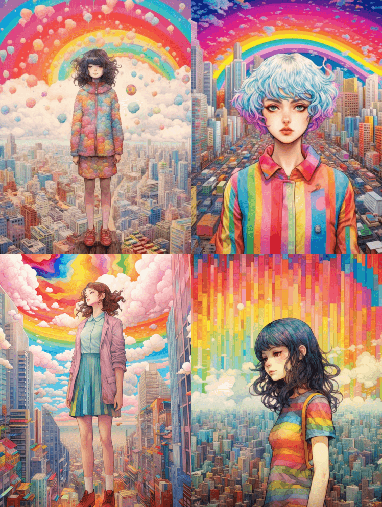 一个用彩纸做成的女人站在一座城市的前面， - Midjourney Prompt