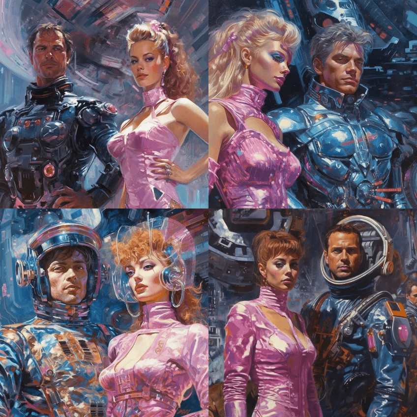 史诗般的纸浆艺术特写宇宙宇航员男女身着错 - Midjourney Prompt