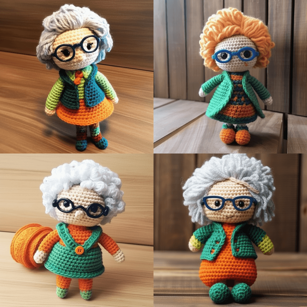 钩针娃娃，穿着绿色、蓝色和白色的连衣裙， - Midjourney Prompt