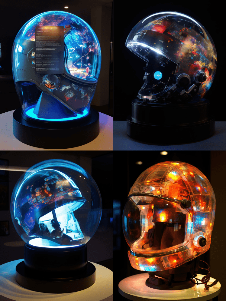 光滑的玻璃头盔圆顶由数字监视器分段制成， - Midjourney Prompt