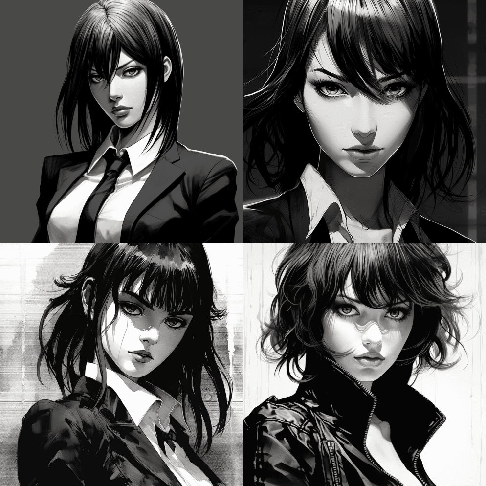 女欧洲代理商，朋克时尚，漫画风格，黑白， - Midjourney Prompt