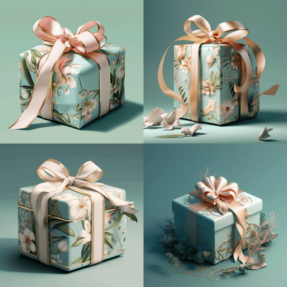 包装礼盒系丝带,花卉超现实主义风格,浅白 - Midjourney Prompt