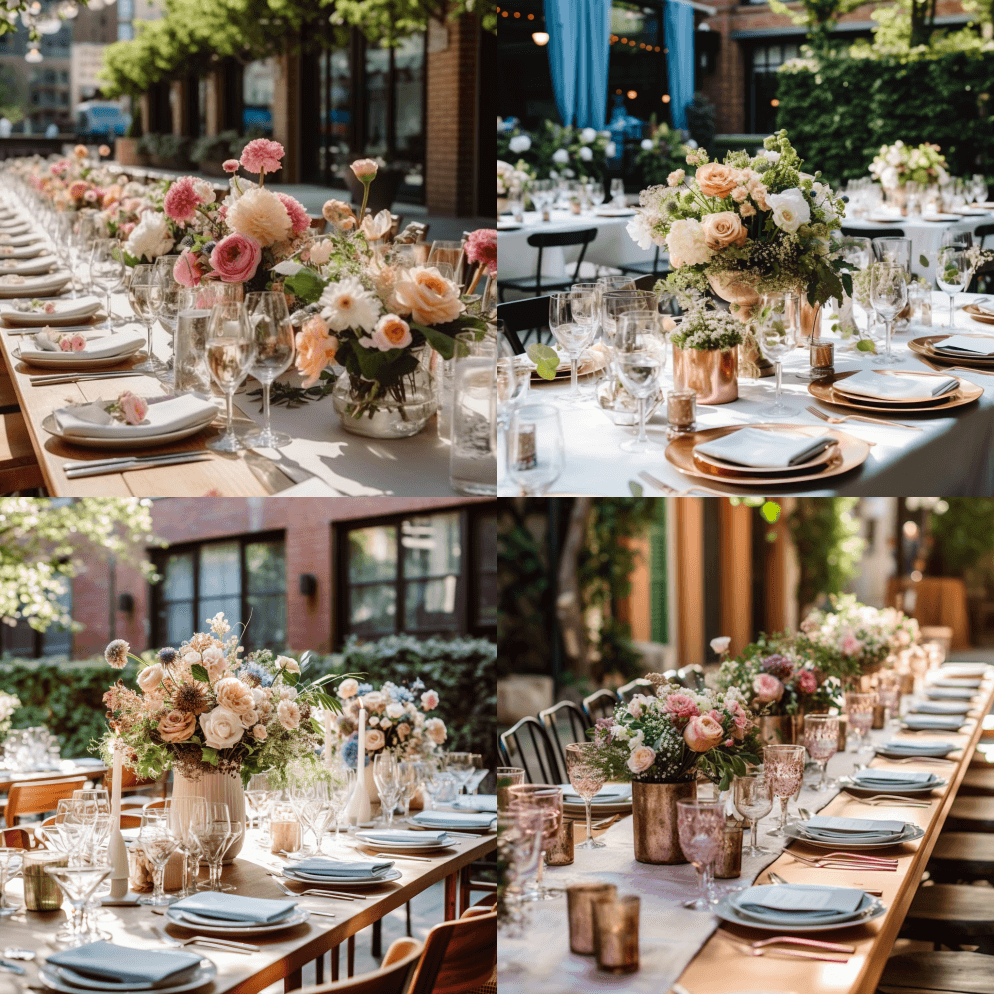 拍摄一场迷人的户外午餐活动，餐桌上摆放着 - Midjourney Prompt