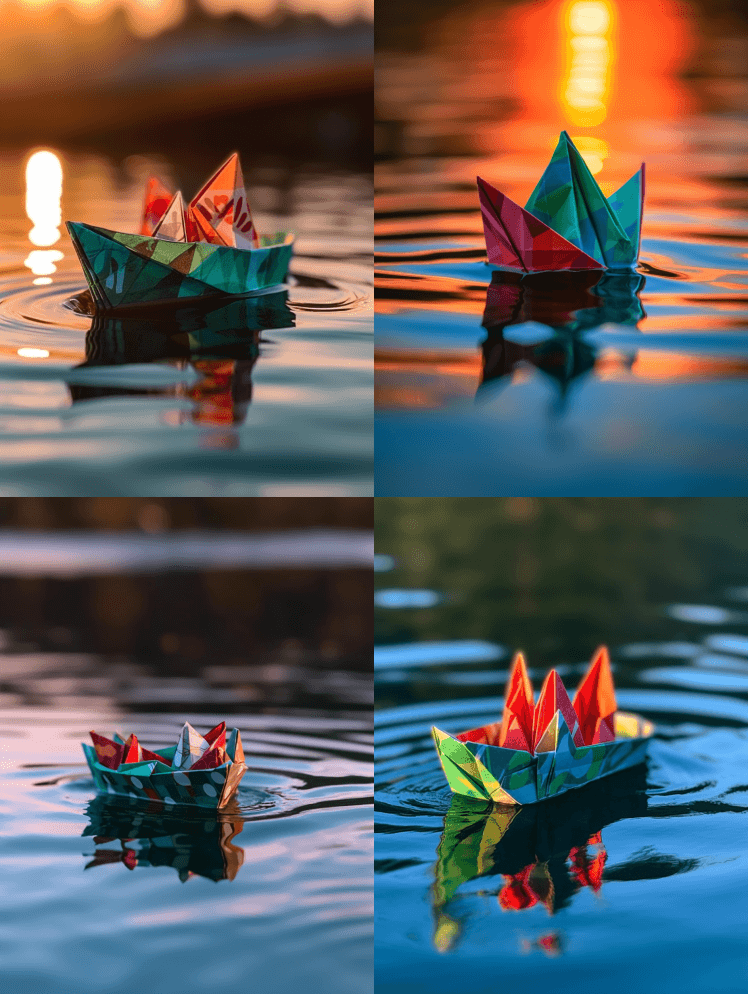 前景，特写微距，低角照片红绿相间的折纸船 - Midjourney Prompt