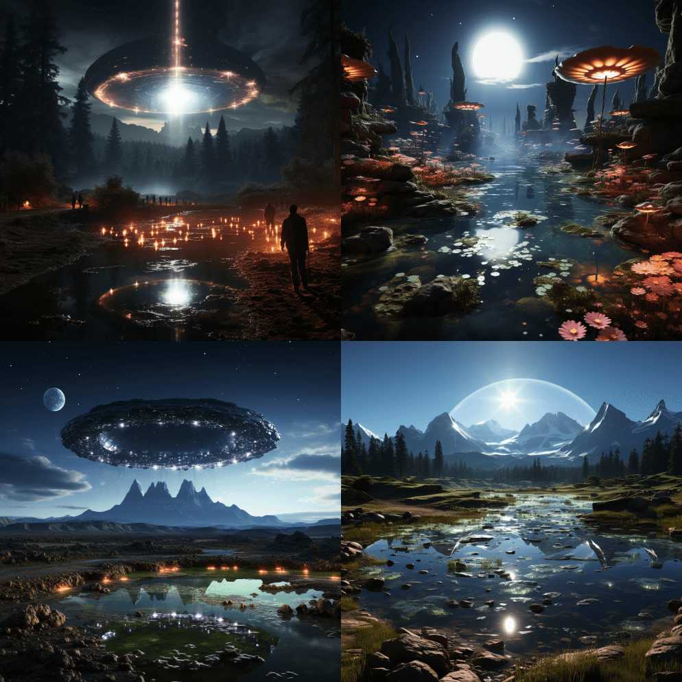 晶莹剔透的池塘，发光的外星人文物，风景电 - Midjourney Prompt