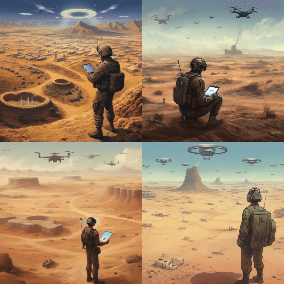 一名士兵手持平板电脑，远远望向远处的战场 - Midjourney Prompt