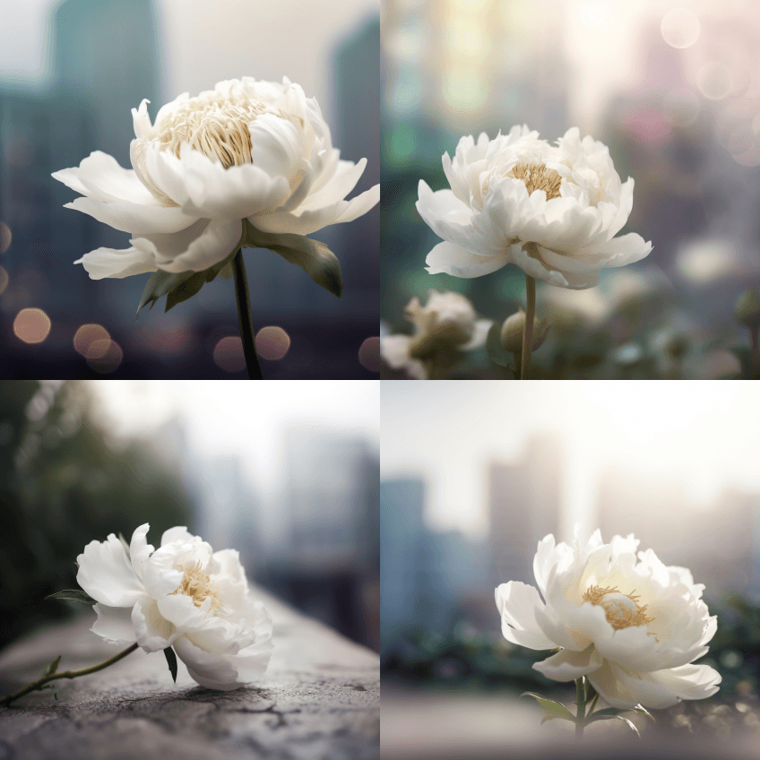 一枝寂寞的白牡丹花，明亮的背景，模糊的城 - Midjourney Prompt