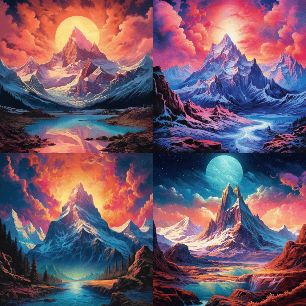 雄伟的山脉，白雪皑皑的山峰和绵延的冰川， - Midjourney Prompt