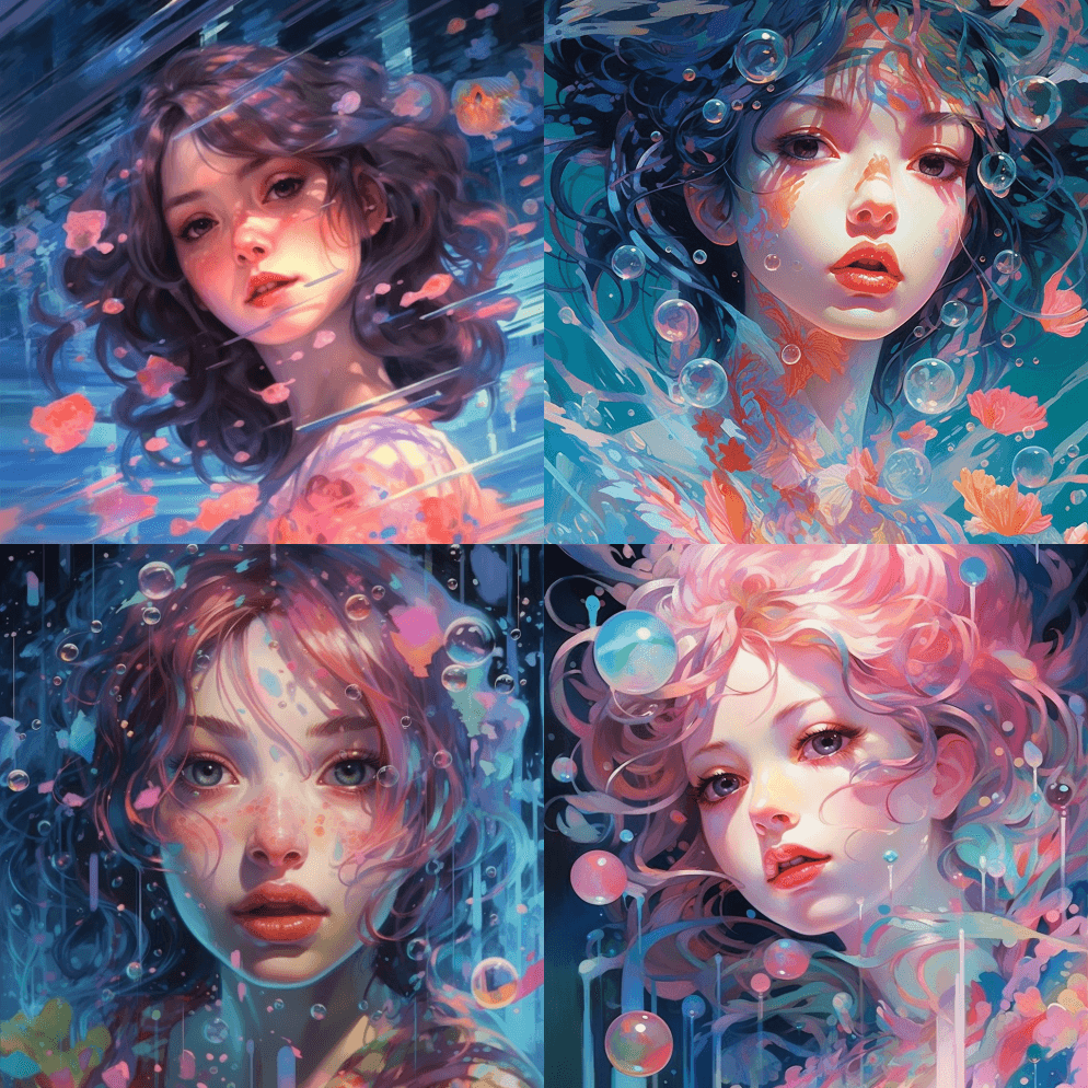 一个年轻女孩的脸在运动，水汪汪的，在玉梅 - Midjourney Prompt