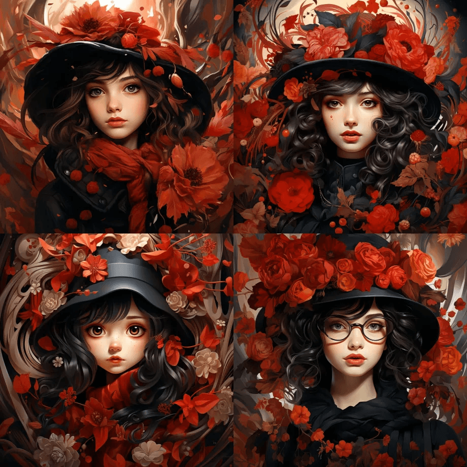 戴着帽子的女性，红唇，红领巾，浪漫主义， - Midjourney Prompt