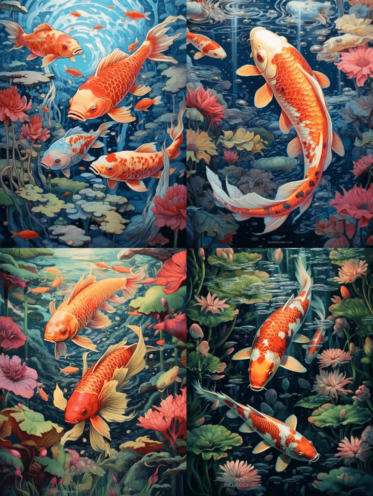 一幅关于锦鲤鱼和树梢的艺术家画，以梦幻的 - Midjourney Prompt