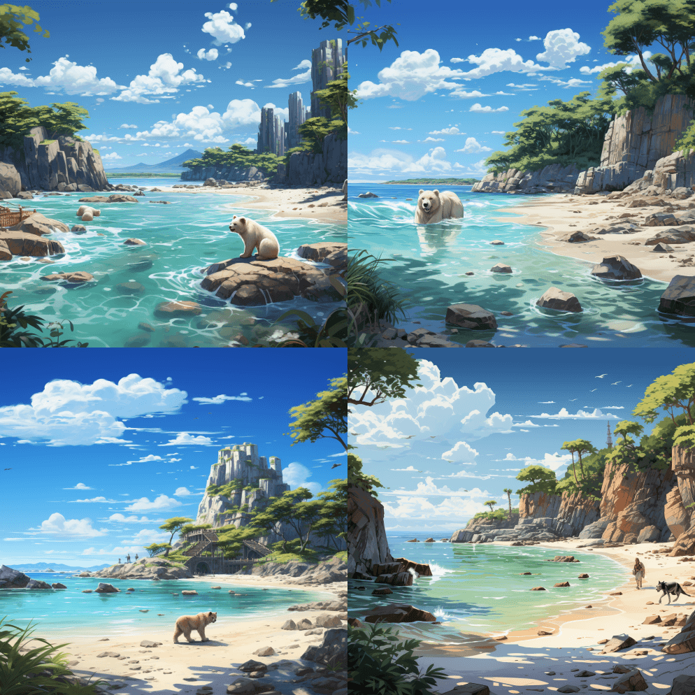 热带海滩，白色的沙子和毛茸茸的拟人化的狮 - Midjourney Prompt