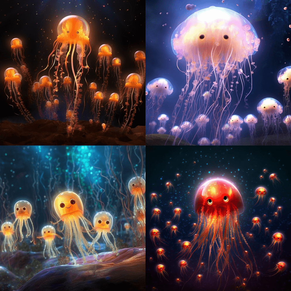 一派满火的月亮水母，可爱，没有嘴，皮克斯 - Midjourney Prompt