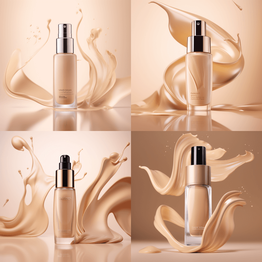 一瓶液体粉底液散落在画面中，就像一条液体 - Midjourney Prompt
