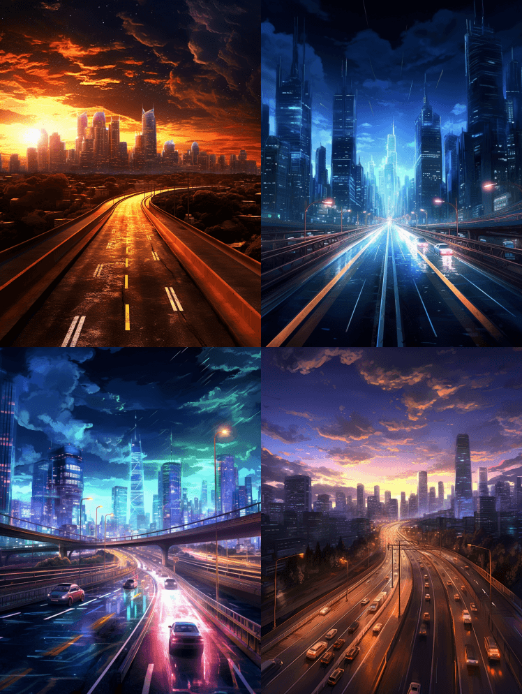 远处有摩天大楼的高速公路，夜核，清晰的细 - Midjourney Prompt