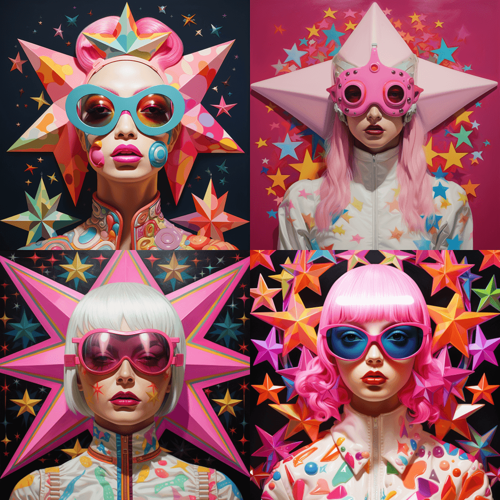 一个戴着粉色明星面具,穿着花哨的棕褐色夹 - Midjourney Prompt