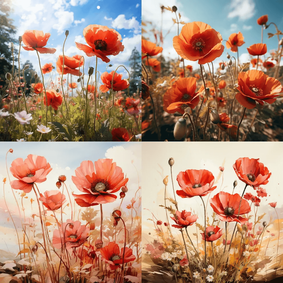 野生罂粟花田，从较低角度拍摄，白色天空， - Midjourney Prompt