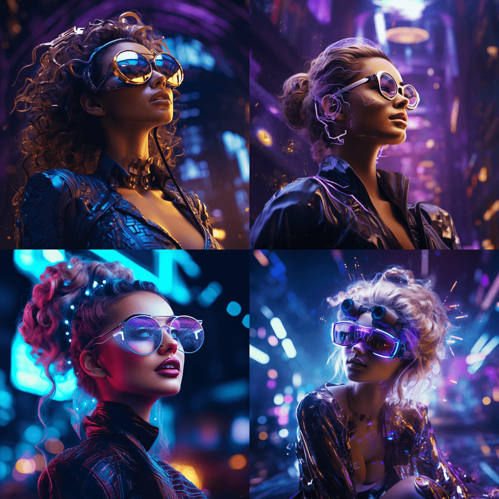 穿着未来主义服装，戴着紫色眼镜的女人，霓 - Midjourney Prompt
