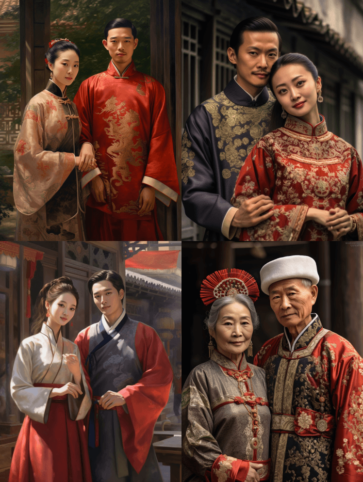 两个人穿着汉服，中国服装，中国庭院，中国 - Midjourney Prompt